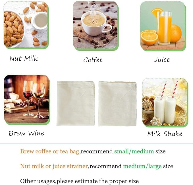AUXIN Nut Milk Bags, 100% Cotton Cheesecloth Bags, Yogurt/Coffee/Tea Strainer, Reusable Almond/Oat Milk, Juice, Cold Brew Coffee, Food Grade, Reusable Washable Strainer (Mixed Size, 5 Pack)