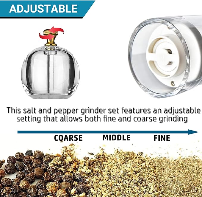 Salt and Pepper Grinder Set, Pepper Mills Classic Manual Transparent Acrylic Rotor, 2PCS 8IN Large Capacity Pepper & Salt Grinder Seasoning Bottle, Ceramic Core Adjustable Coarseness for Fresh Spices