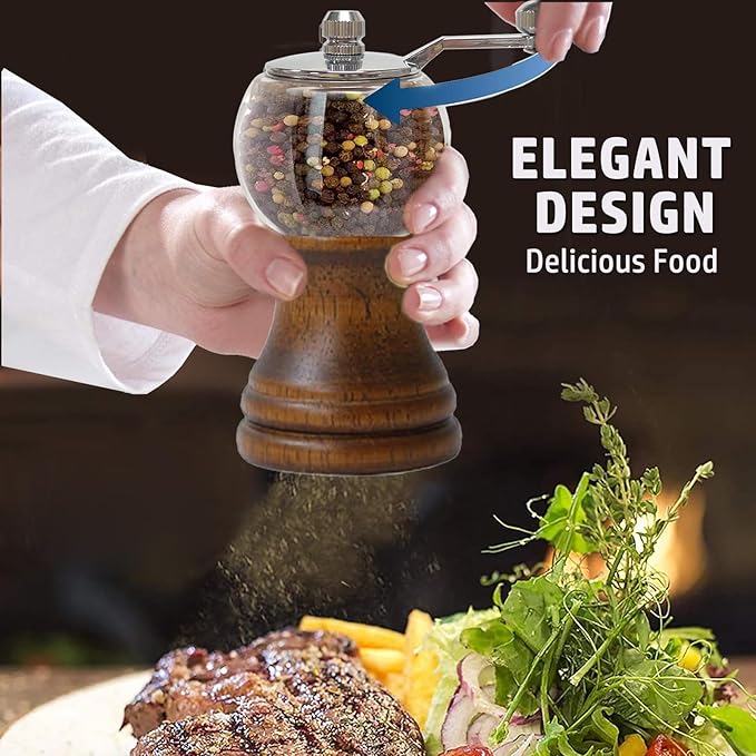 Salt and Pepper Grinder Set Manual Pepper Mill Acrylic Hand Crank Salt & Peppercorn Grinder Rustic Wooden Pepper Shaker with Adjustable Coarseness Ceramic Core (Walnut 1pcs-5in)