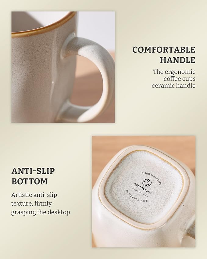 famiware Coffee Mugs Set of 6, Ocean Square 13oz Coffee Cup Set with Handle for Cocoa, Milk, Hot Chocolate, Tea, Water, Stoneware Cups for Kitchen, Microwave and Dishwasher Safe, Cappuccino White