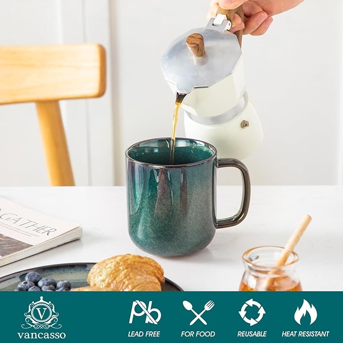 vancasso STARRY Coffee Mugs Set, 16 oz Ceramic Coffee Cups for Americano Hot Tea Iced Coffee Cold Brew Cocoa Milk Stoneware Mugs Set of 6, Dishwasher & Microwave Safe, Green