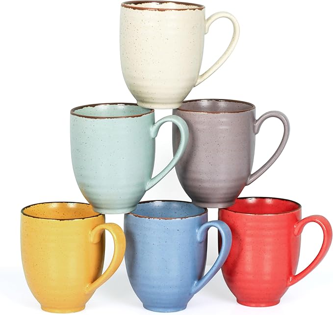 Coffee Mugs Set Of 6, 14 Oz Large Handle Heavy Duty Cups - Microwave Dishwasher Safe - Latte, Cappuccino, Tea, Cocoa, Mocha - Men, Women, Home Office Daily Use, Matt Assorted Colors