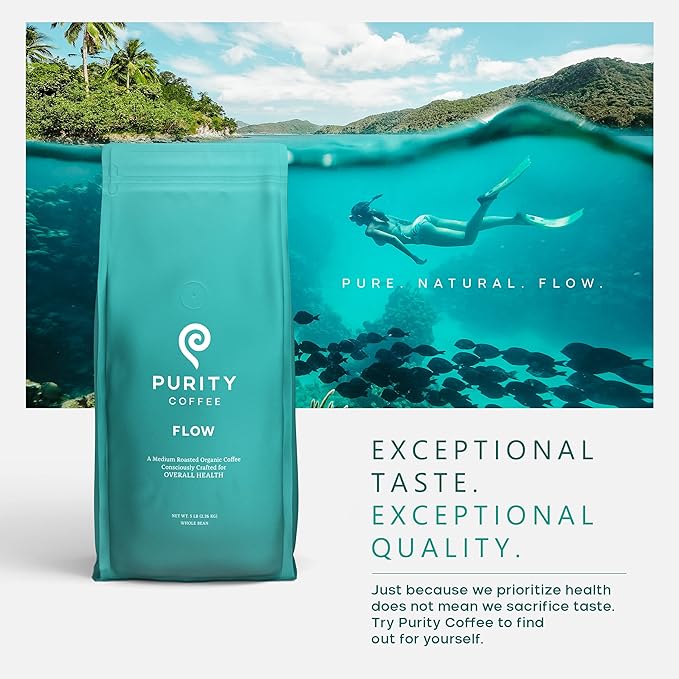 Purity Coffee FLOW Medium Roast Organic Coffee - USDA Certified Organic Specialty Grade Arabica Whole Bean Coffee - Third Party Tested for Mold, Mycotoxins and Pesticides - 5 lb Bag