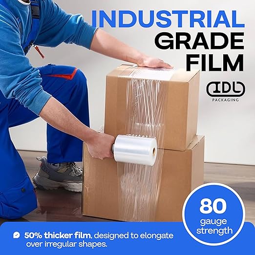 IDL Packaging - F-51-12 5”x 1000’ Stretch Wrap Mini Roll of 80 Gauge with Extended Cardboard Handle (Pack of 12 Rolls) – Extra Sticky Clear Shrink Wrap Film – Great for Moving and Office Needs