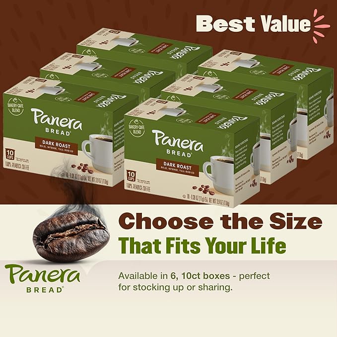 Panera Bread Dark Roast Coffee Pods, 100% Arabica Keurig Compatible, Bold & Smooth Dark Chocolate Finish, Kosher Certified, Recyclable Single Serve Cups, 60 Single Serve Pods (6 Packs of 10)