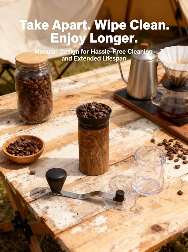 LAMIDO Mini Manual Coffee Grinder - 56 External Grind Settings, Stainless Steel Body & Crank, Ceramic Burr, Portable Hand Grinder for Travel, Camping, Home Brewing - Wood Grain
