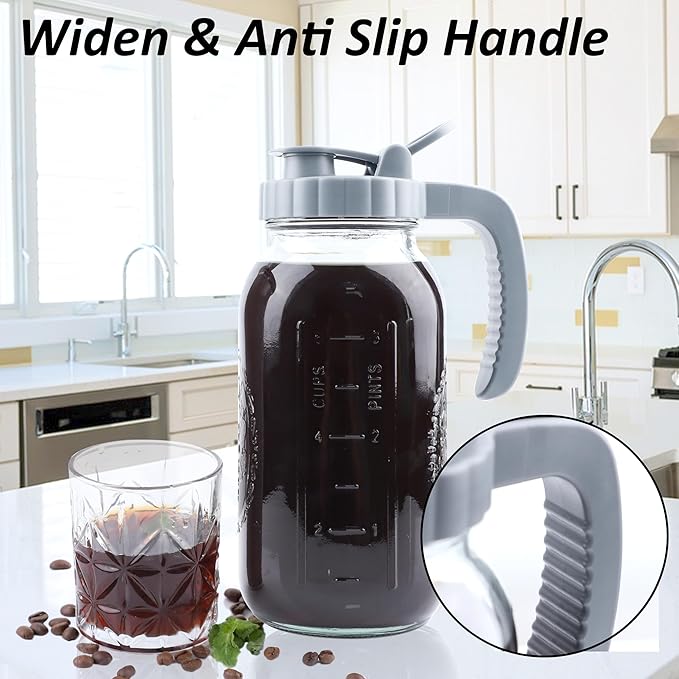 Cold Brew Coffee Maker 64 OZ 2 Pack Mason Jar Cold Brew Pitcher With Infuser 2 Quart Wide Mouth Iced Coffee Maker With Pour Spout Lid And Handle Half Gallon Airtight & Leakproof Pitcher For Fridge