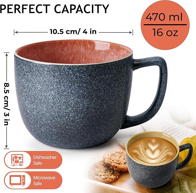 MIAMIO - 6 x 16 oz. coffee cups/mug set/coffee cup large/modern stoneware coffee mugs - Las Palmitas Collection