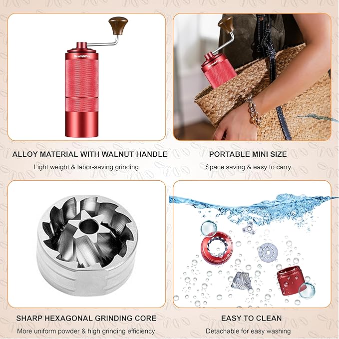 M6 Manual Coffee Grinder,Beautiful Design for Women,Smooth Grinding & Labor Saving,Portable Mini Hand Coffee Grinder for Espresso Pour Over French Press at Home or Camping Travling,Red