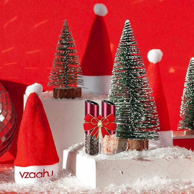 Vzaahu Gravity Electric Pepper and Salt Grinder Set of 2 Silver and Red- Rechargeable, Refillable, Adjustable Coarseness, Stainless Steel Salt Pepper Mill with LED light - One Hand Operation