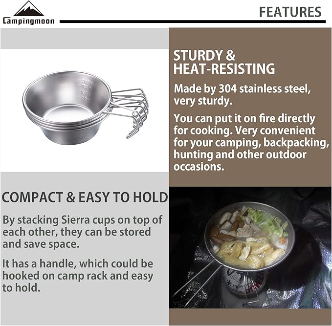 CAMPINGMOON 2pcs Set Stainless Steel Camping Sierra Cup 310ml S-220-2P (2pcs Set)