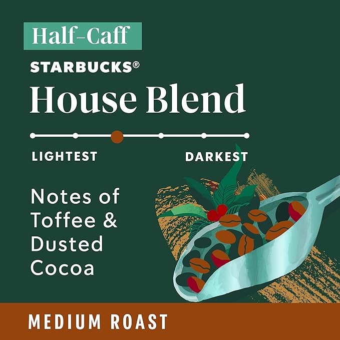 Starbucks K-Cup Coffee Pods, Medium Roast Hot or Iced Coffee, Half-Caff House Blend, 60 Keurig Pods