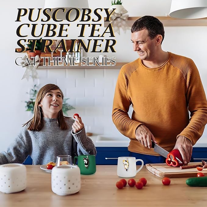 Cat Tea Infuser Set, 2 PCS Cubic Tea Diffusers for Loose Tea, Stainless Steel Tea Ball with Cute Charm Pendant, Reusable Tea Steeper for Tea Extraction and Cold Brewing, Black & Orange Cat