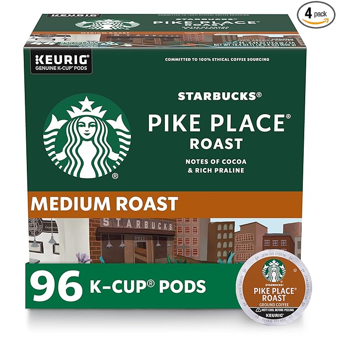 Starbucks K-Cup Coffee Pods, Medium Roast Hot or Iced Coffee, Pike Place Roast, 96 Keurig Pods