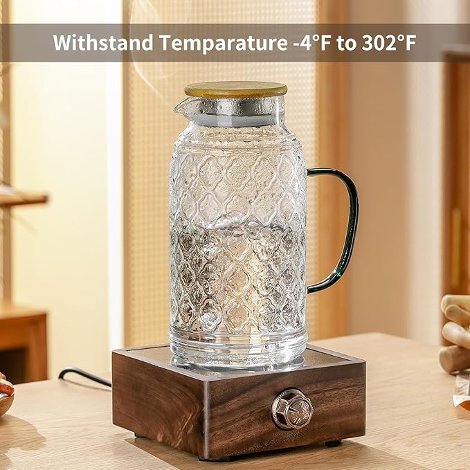 2 PACK Glass Pitcher with Bamboo Lid, 68 oz/2L Vintage Water Pitcher, Clear Borosilicate Glass Water Carafe for Cold Brew, Coffee, Lemonade, Iced Sun Tea,Beverage, Heat Resistant Water Glass Jug