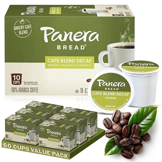 Panera Cafe Blend Decaf Coffee Pods, Medium Roast Cups - 100% Arabica, Smooth & Balanced with Caramel Notes, Sustainably Sourced, No Bitterness 60 Single Serve Pods (6 Packs of 10)