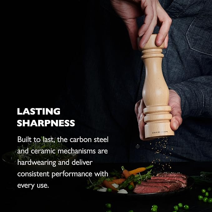 Cole & Mason London Refillable Spice Mill - Kitchen & Home Accessory - Salt & Pepper Grinder Set - Salt Mill with Ceramic Mechanism - Pepper Mill with Carbon Steel Mechanism - 8", Natural Beech