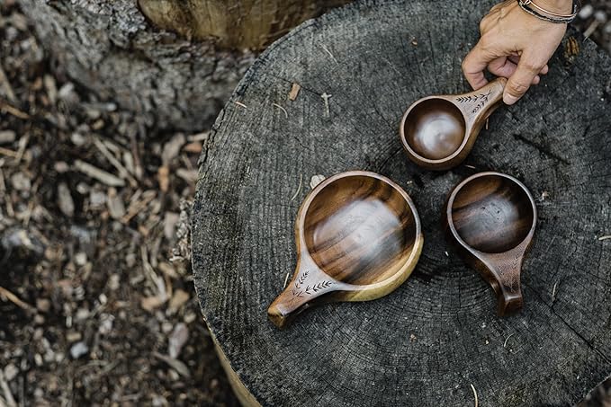 Barebones Kuksa Wooden Drinking Cup - Unique Acacia Mug with Nordic Style, Ergonomic Handle, Food-Safe Coating and Leather Cord - Versatile, Sustainable for Camping or Home (8 oz)