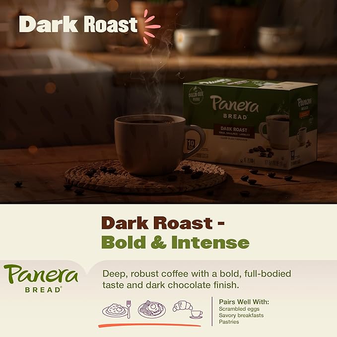 Panera Bread Dark Roast Coffee Pods, 100% Arabica Keurig Compatible, Bold & Smooth Dark Chocolate Finish, Kosher Certified, Recyclable Single Serve Cups, 60 Single Serve Pods (6 Packs of 10)