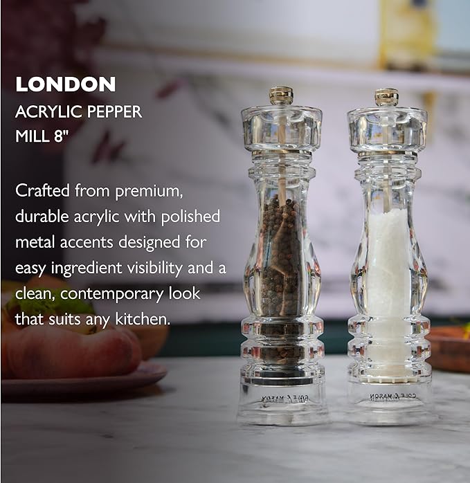Cole & Mason London Refillable Spice Mill - Kitchen & Home Accessory - Table Black Pepper Grinder - Pepper Mill with Carbon Steel Mechanism - 8", Acrylic