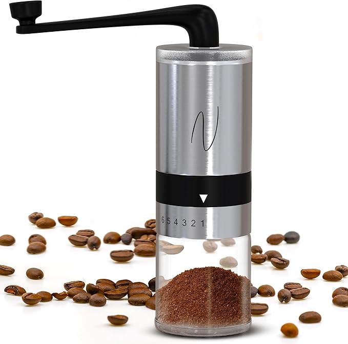 Manual Coffee Grinder – Hand Crank Burr Coffee Bean Grinder, 6 Grind Settings for Espresso, French Press & Pour Over – Quiet, Portable, Durable Stainless Steel Manual Grinder for Home & Travel