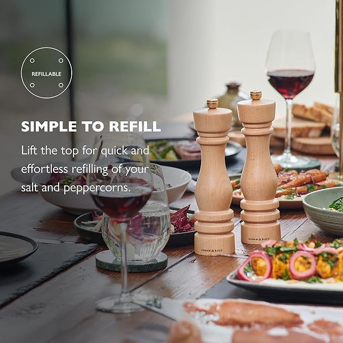 Cole & Mason London Refillable Spice Mill - Kitchen & Home Accessory - Salt & Pepper Grinder Set - Salt Mill with Ceramic Mechanism - Pepper Mill with Carbon Steel Mechanism - 8", Natural Beech