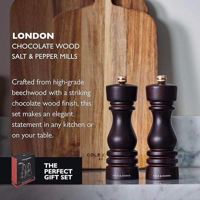 Cole & Mason London Refillable Spice Mill - Kitchen & Home Accessory - Salt & Pepper Grinder Set - Salt Mill with Ceramic Mechanism - Pepper Mill with Carbon Steel Mechanism - 7", Chocolate Wood