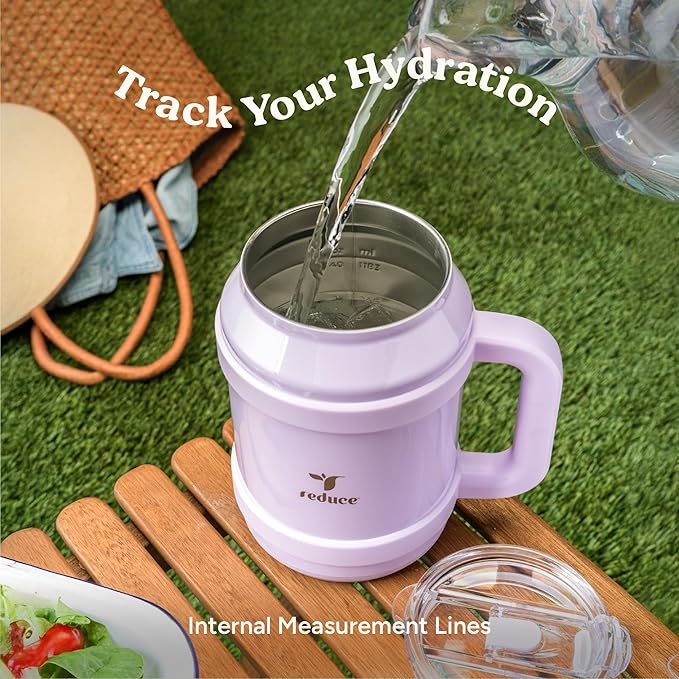 REDUCE Reusable 50 oz Cold1 Water Tumbler – Ergonomic Handle – Double-Wall Insulation – Sturdy Desktop/Tabletop Mug with Lid and Straw – BPA-Free – Stainless Steel for Gym, Home, or Office– Phantom