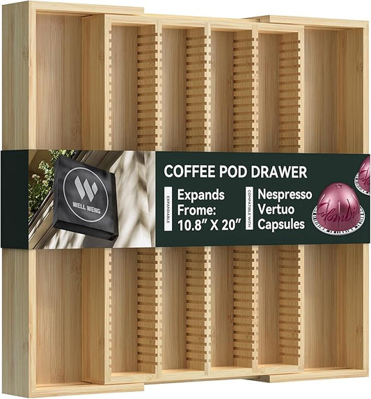 Larger Expandable Bamboo Organizer Holder for Counter Drawer Insert - Compatible with Nespresso Vertuo Capsules - Tea Bags Storage (Natural) 10.8" -19"W x15.67"Dx1.9"H