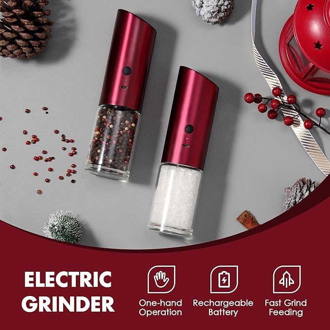 Vzaahu Gravity Electric Pepper and Salt Grinder Set of 2 Silver and Red- Rechargeable, Refillable, Adjustable Coarseness, Stainless Steel Salt Pepper Mill with LED light - One Hand Operation