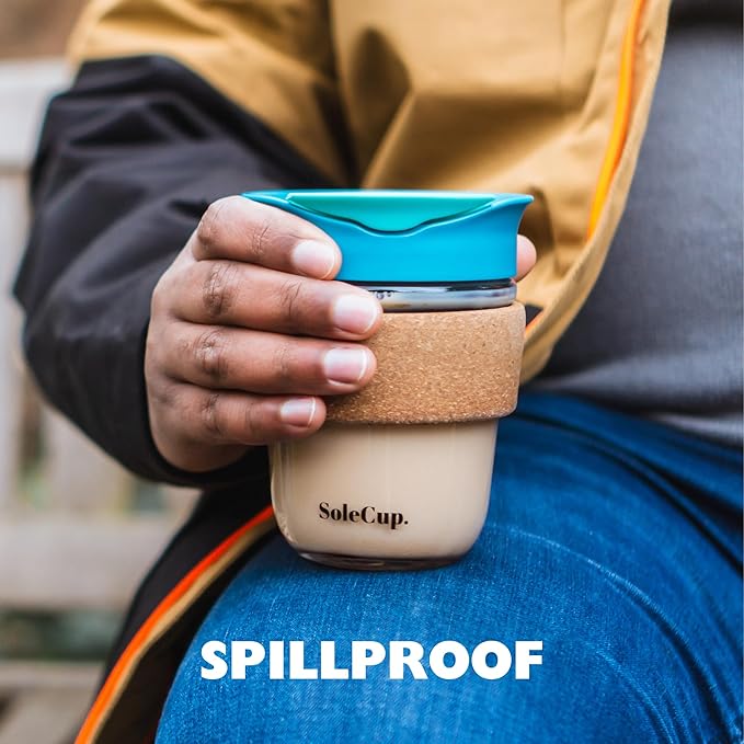 Reusable Strengthened Glass Travel Cup - Spill Proof Insulated Coffee Mug - 12oz/340ml BPA-Free Hot Drink Travel Mug with Lid & Cork Band (Gray and Blue)