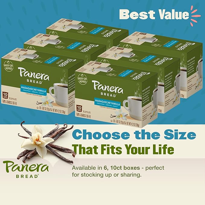 Panera Bread Madagascar Vanilla Light Roast Coffee Pods, 100% Arabica, Natural Flavor, Keurig Compatible Cups, No Artificial Ingredients, 60 Single Serve Pods (6 Packs of 10)