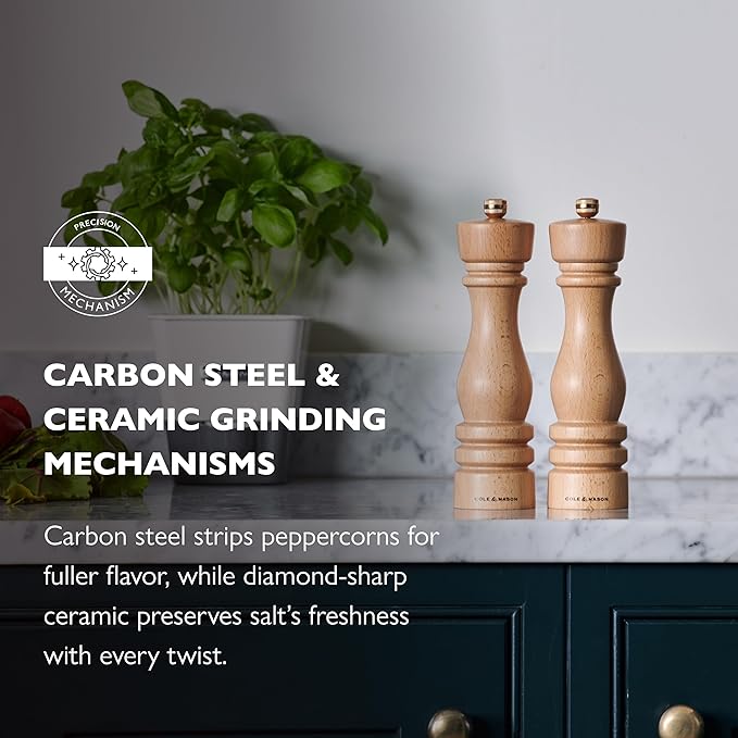 Cole & Mason London Refillable Spice Mill - Kitchen & Home Accessory - Salt & Pepper Grinder Set - Salt Mill with Ceramic Mechanism - Pepper Mill with Carbon Steel Mechanism - 8", Natural Beech