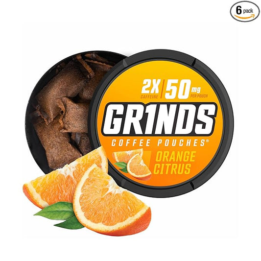 Grinds Coffee Pouches | Free, Nicotine Free clean energy option | 6 Cans of Orange Citrus | 18 Pouches Per Can | 1 Pouch eq. 1/2 Cup of Coffee (Orange Citrus)