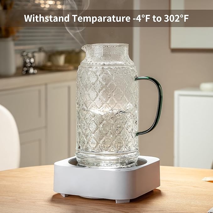 Glass Pitcher with Lid, 68 oz/2 Liter Vintage Water Pitcher, Clear Borosilicate Glass Water Carafe for Cold Brew, Coffee, Lemonade, Iced Tea, Juice, Beverage, Heat Resistant Water Glass Jug