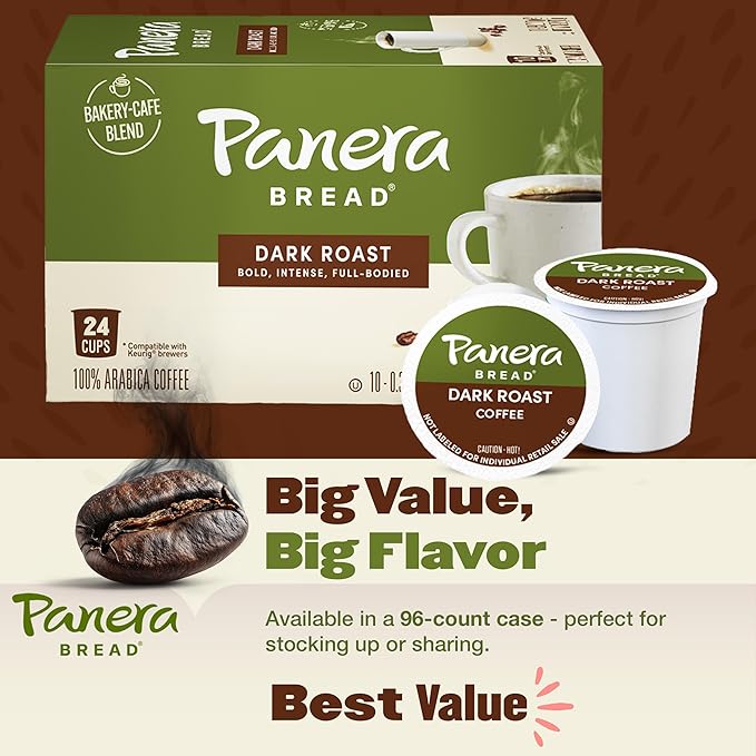 Panera Bread Dark Roast Coffee Pods, 100% Arabica Compatible, Bold & Smooth Dark Chocolate Finish, Kosher Certified, Recyclable Single Serve Cups, 96 Single Serve Pods (4 Packs of 24)