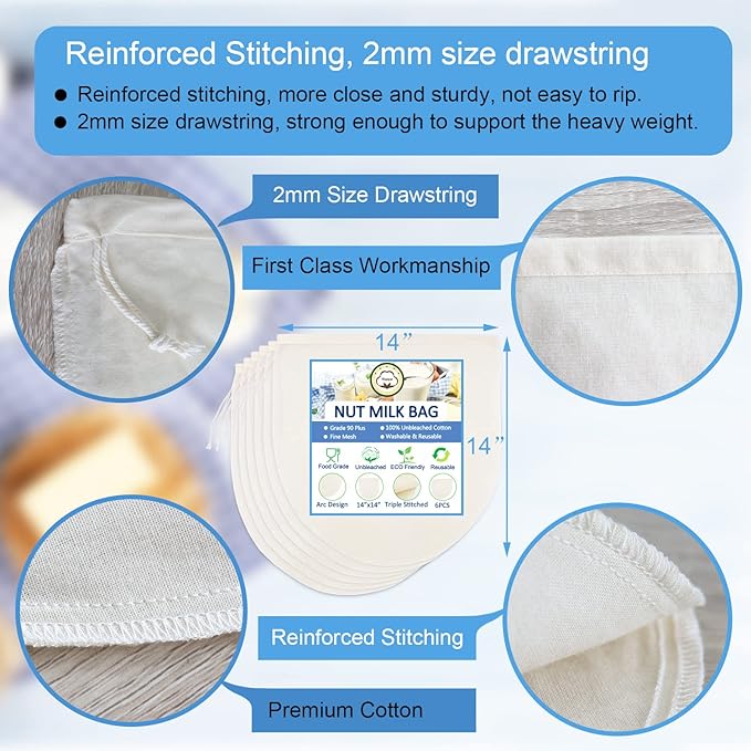 6 Pack 14"x14" Nut Milk Bags - 100% Unbleached Cotton, Food Strainer, Reusable Cheesecloth,Straining Almond/Oat/Soy Milk, Cold Brew Coffee, Cloth Bag for Cheese/Yogurt/Juice/Tea/Wine/Soup/Herbs