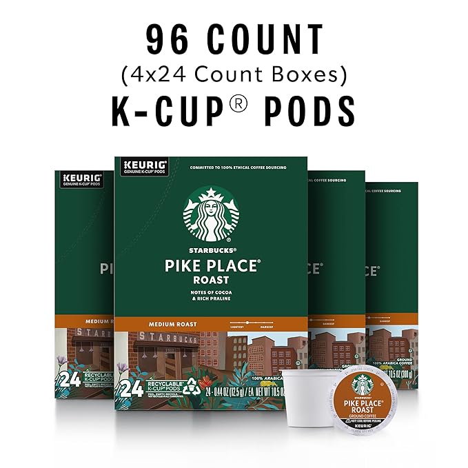 Starbucks K-Cup Coffee Pods, Medium Roast Hot or Iced Coffee, Pike Place Roast, 96 Keurig Pods
