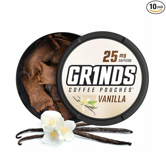 Grinds Coffee Pouches | Vanilla Flavor | 10 Cans | Brew-Free Coffee Alternative | 18 Pouches Per Can