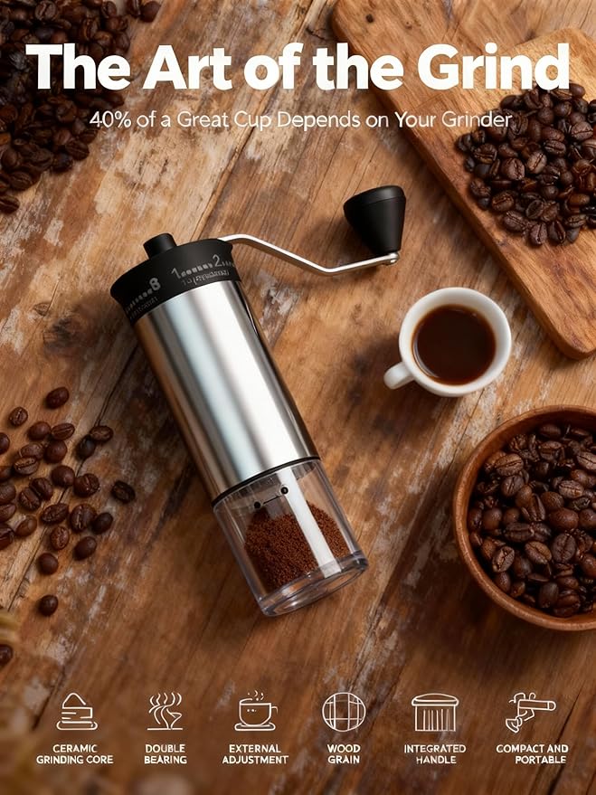 LAMIDO Mini Manual Coffee Grinder - 56 External Grind Settings, Stainless Steel Body & Crank, Ceramic Burr, Portable Hand Grinder for Travel, Camping, Home Brewing - Stainless Steel
