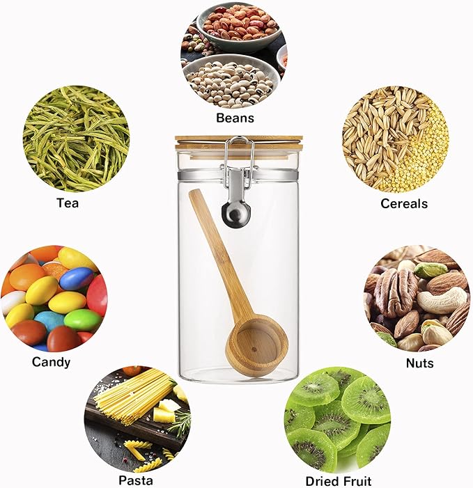 Yangbaga Glass Coffee Sugar Containers with Shelf, 3 x 45 OZ Coffee Bean Storage Station Organizer with Airtight Locking Clamp and Coffee Bamboo Scoop, Large Capacity Food Storage Jar for Kitchen