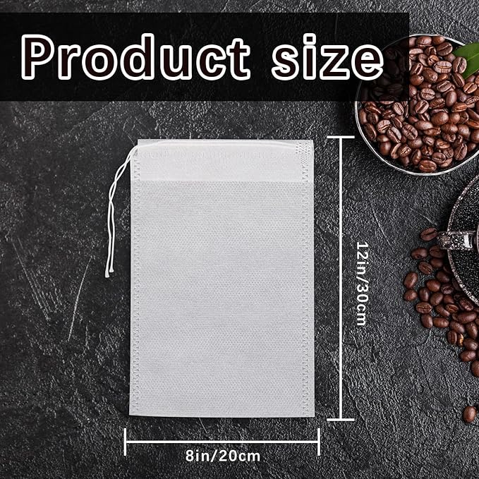100 Pcs Cold Brew Bags 8x12 inch, No Mess Disposable Cold Brew Coffee Filter Pouches with Drawstring Large Empty Tea Bag for Loose Leaf Tea, Iced Coffee, Herbs, Spice, Home brewing, Hot pot