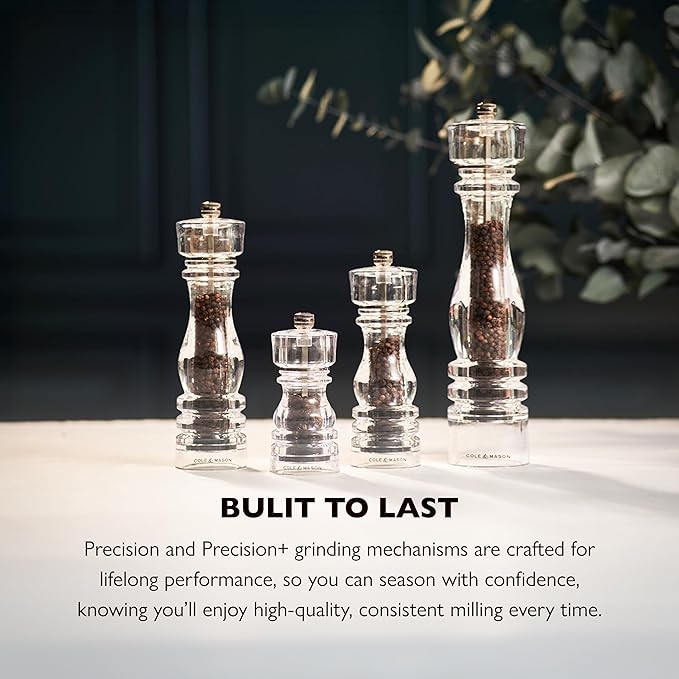 Cole & Mason London Refillable Spice Mill - Kitchen & Home Accessory - Table Black Pepper Grinder - Pepper Mill with Carbon Steel Mechanism - 8", Acrylic