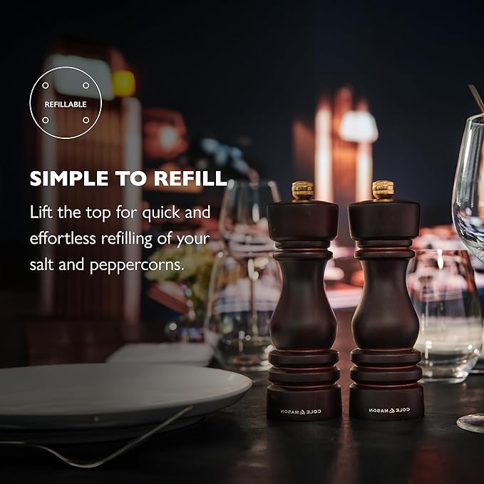 Cole & Mason London Refillable Spice Mill - Kitchen & Home Accessory - Salt & Pepper Grinder Set - Salt Mill with Ceramic Mechanism - Pepper Mill with Carbon Steel Mechanism - 7", Chocolate Wood