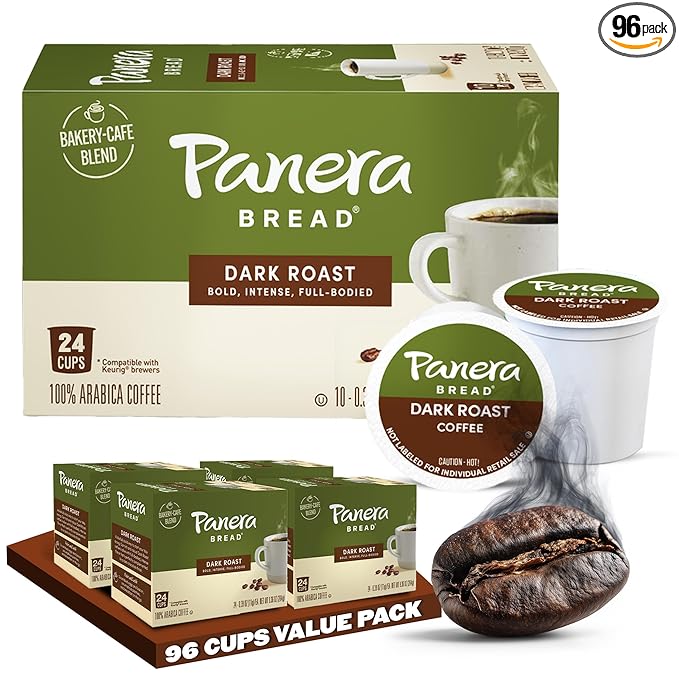 Panera Bread Dark Roast Coffee Pods, 100% Arabica Compatible, Bold & Smooth Dark Chocolate Finish, Kosher Certified, Recyclable Single Serve Cups, 96 Single Serve Pods (4 Packs of 24)