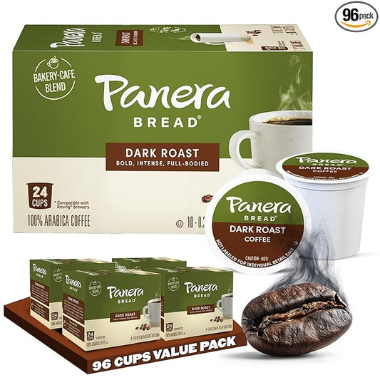 Panera Bread Dark Roast Coffee Pods, 100% Arabica Compatible, Bold & Smooth Dark Chocolate Finish, Kosher Certified, Recyclable Single Serve Cups, 96 Single Serve Pods (4 Packs of 24)