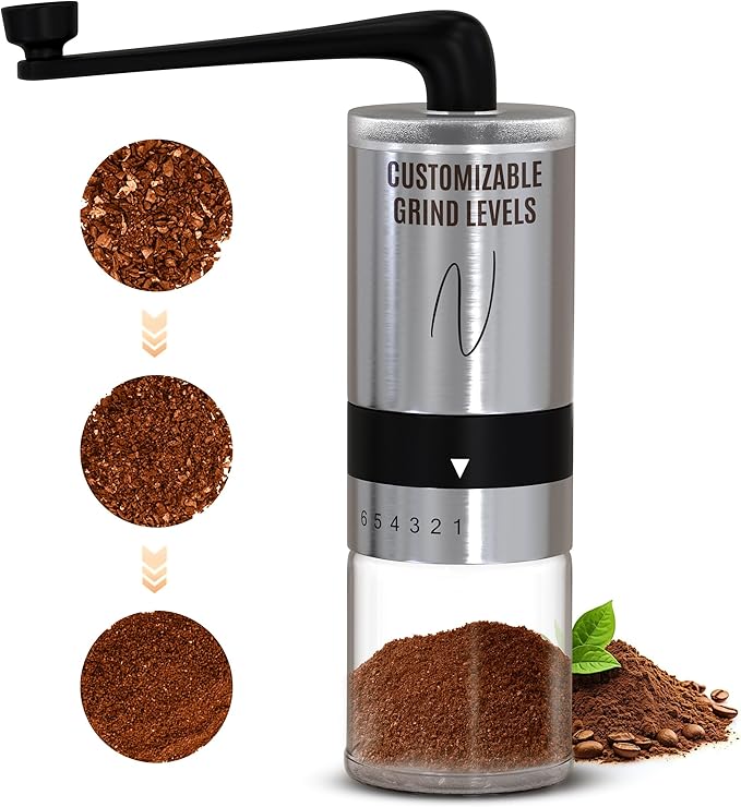 Manual Coffee Grinder – Hand Crank Burr Coffee Bean Grinder, 6 Grind Settings for Espresso, French Press & Pour Over – Quiet, Portable, Durable Stainless Steel Manual Grinder for Home & Travel