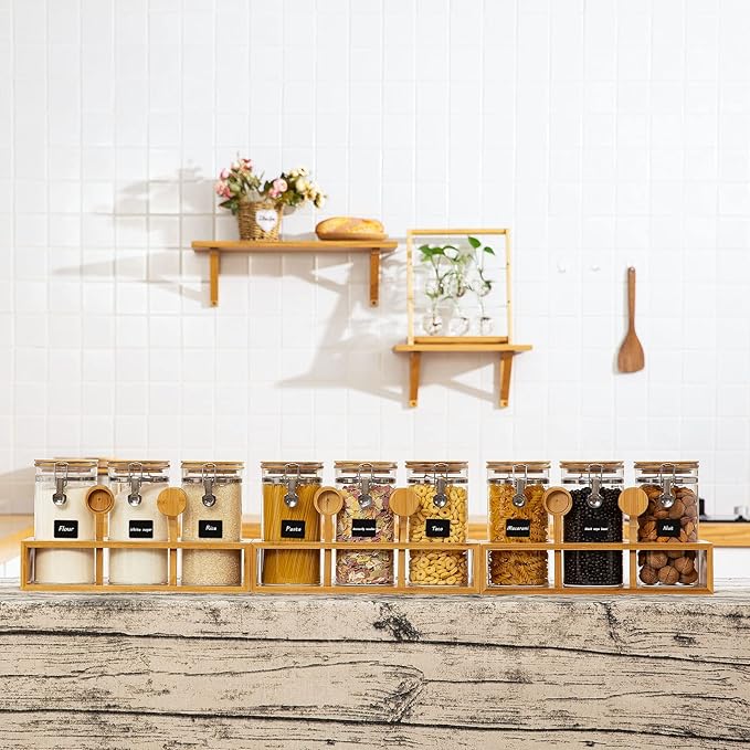 Yangbaga Glass Coffee Sugar Containers with Shelf, 3 x 45 OZ Coffee Bean Storage Station Organizer with Airtight Locking Clamp and Coffee Bamboo Scoop, Large Capacity Food Storage Jar for Kitchen