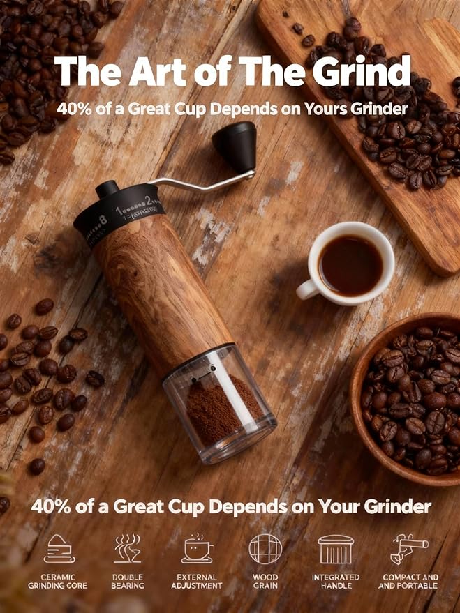 LAMIDO Mini Manual Coffee Grinder - 56 External Grind Settings, Stainless Steel Body & Crank, Ceramic Burr, Portable Hand Grinder for Travel, Camping, Home Brewing - Wood Grain