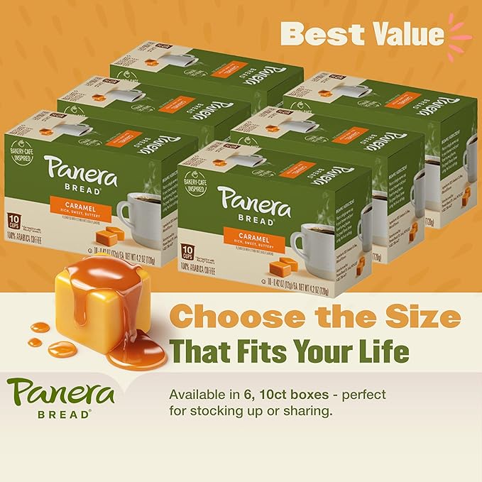 Panera Caramel Coffee Pods, Light Roast Cups, Keurig Compatible, Natural Caramel Flavor, 100% Arabica, Kosher, No Artificial Ingredients 60 Single Serve Pods (6 Packs of 10)
